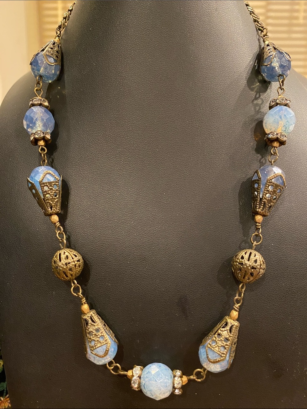 Blue Crystal Beads and Filigree Bead Caps Necklace - Elegant Women's Jewelry